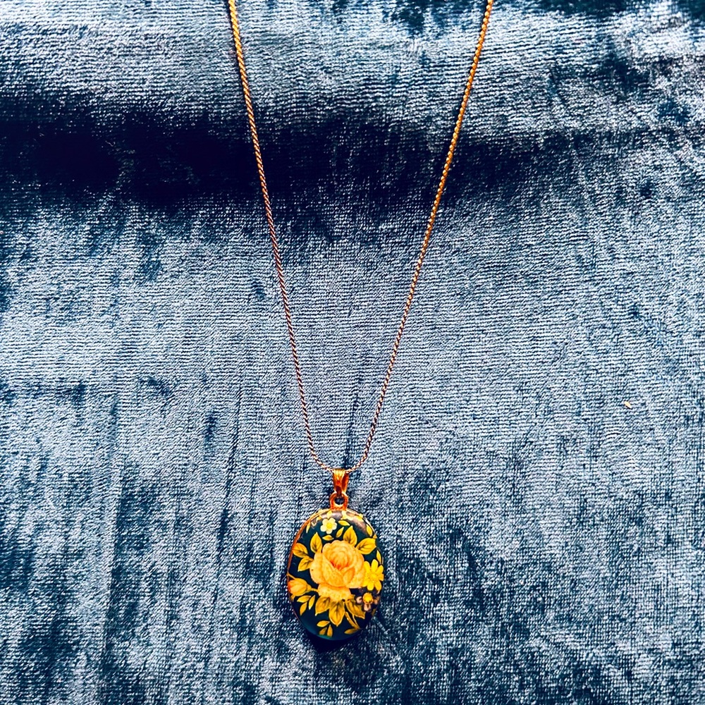 Vintage Hand-Painted Rose Glass Pendant & Chain